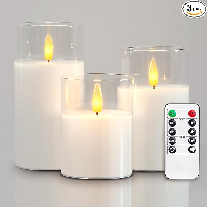 5plots Flameless Battery Operated Candles Set of 3, White LED Candles with Remote Timer, Real Wax Glass Pillar Candles Warm Flickering Light for Indoor Home, Halloween, Christmas Decor D3 x H4 5" 6"