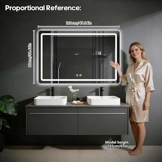LED Bathroom Mirror, 48 x 36 Inch Anti-Fog Wall Mirror with Lights Stepless Dimmable, Lighted Bathroom Mirrors for Wall, Rectangle Bathroom Vanity Mirror with Front and Backlight, Horizontally Only