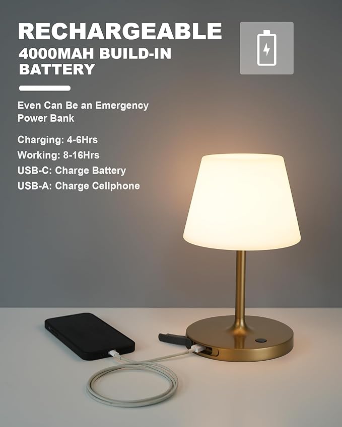 Outdoor Battery Operated Table Lamp Waterproof, 4000mAh Cordless Table Lamp Rechargeable, Touch Dimmable Desk Lamp, LED Night Light for Patio Camping Restaurant Home (Gold, 9.6in)