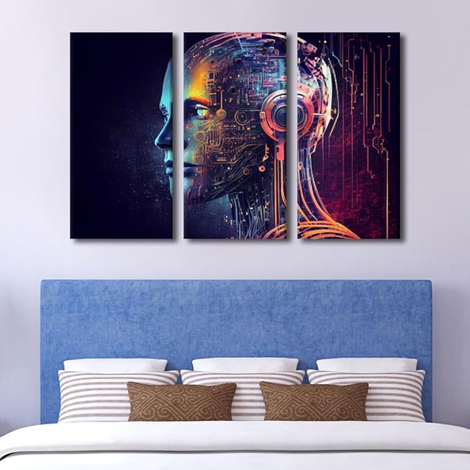 TUMOVO Artificial Intelligence Wall Art 3 Piece Futuristic Technology Canvas Printing Posters AI Artwork, Humanoid Robot Wall Decoration for Bedroom Living Room, Ready to Hang, 60" Wx40 H