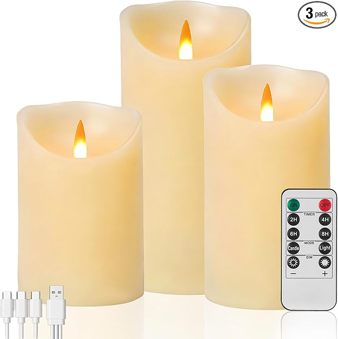 Rechargeable Flameless Candle, Realistic 3D Flickering Warm Flame, LED Candle with Remote Control & Timer for Holiday, Wedding, Patio and Home Decoration