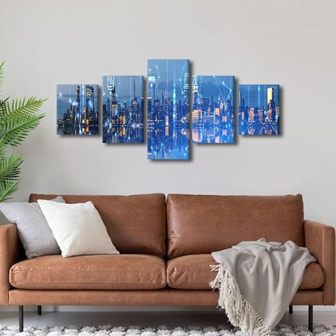Canvas Wall Art for Living Room New York Modern City Poster Advanced Internet Graph 5 Panel Wireless Network Poster Native Americans Home Decoration Teacher Office Bedroom Decor 50x24 Inch