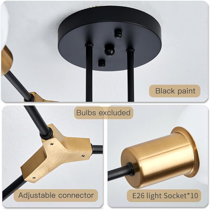 Mid Centur Modern 10 Light Semi Flush Mount Ceiling Lighting Fixture for Dining Room Living Room Bedroom Aisle Kitchen Restaurant,Metal Gold and Black Sputnik Chandelier