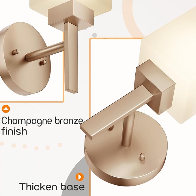 Bathroom Vanity Lighting Fixtures with White Frosted Glass Shade, Champagne Bronze Wall Lamps Over Mirror for Bedroom Living Room, 2 Pack T002CPG-L1-P2