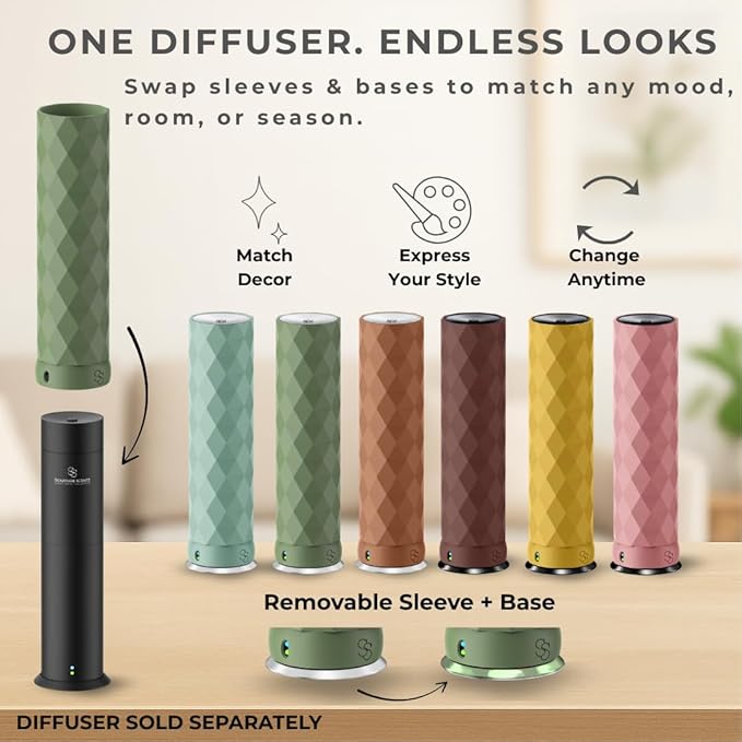 Waterless Essential Oil Hotel Scent Diffuser - Cold Air Diffuser - Covers 1000 sq. ft. - Waterless Diffuser for Home, Office & Hotel (Black + Interchangeable Sleeve) (Black + Matte Green Sleeve)