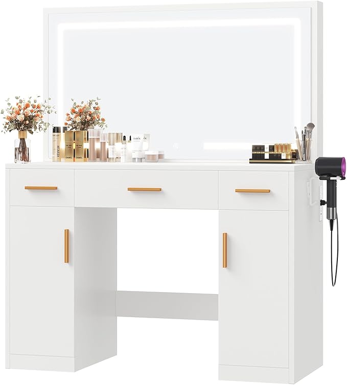 DUMOS Vanity Desk Makeup with Mirror LED Lights, White Table with Power Outlet 3 Drawer & 2 Cabinets, 3 Lighting Modes & Adjustable Brightness, Dressing Tables for Bedroom