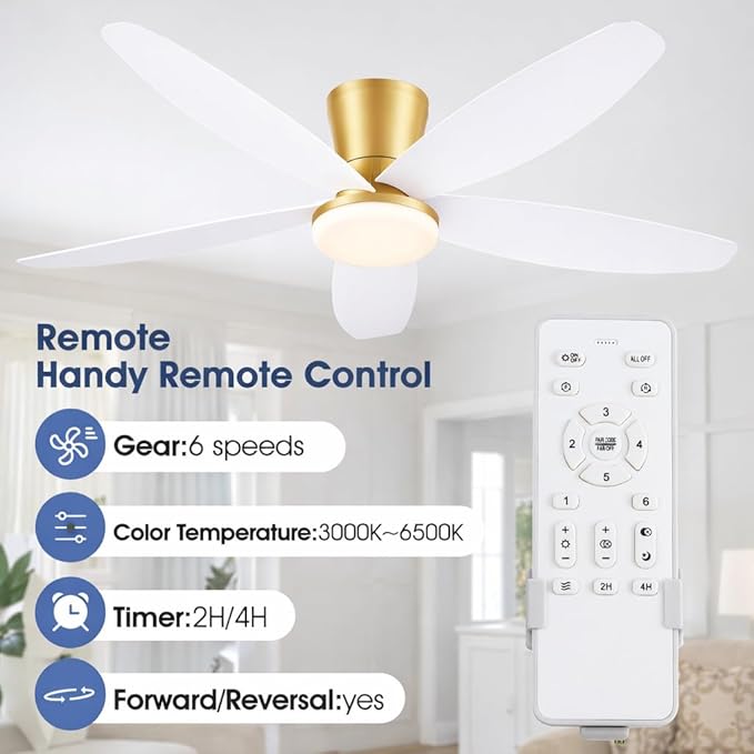 42" Ceiling Fans with Lights-Low Profile Ceiling Fan with Light and Remote/APP Control,Flush Mount Gold Ceiling Fan with Reversible White Blades