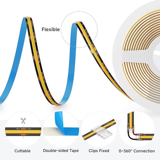 BTF-LIGHTING FCOB COB LED Strip 8W/m 16.4FT DC12V Warm White 2700K Flexible High Density Uniform Light CRI 90+ 8mm Width LED Ribbon Black PCB for Indoor Decor(No Adapter or Controller)