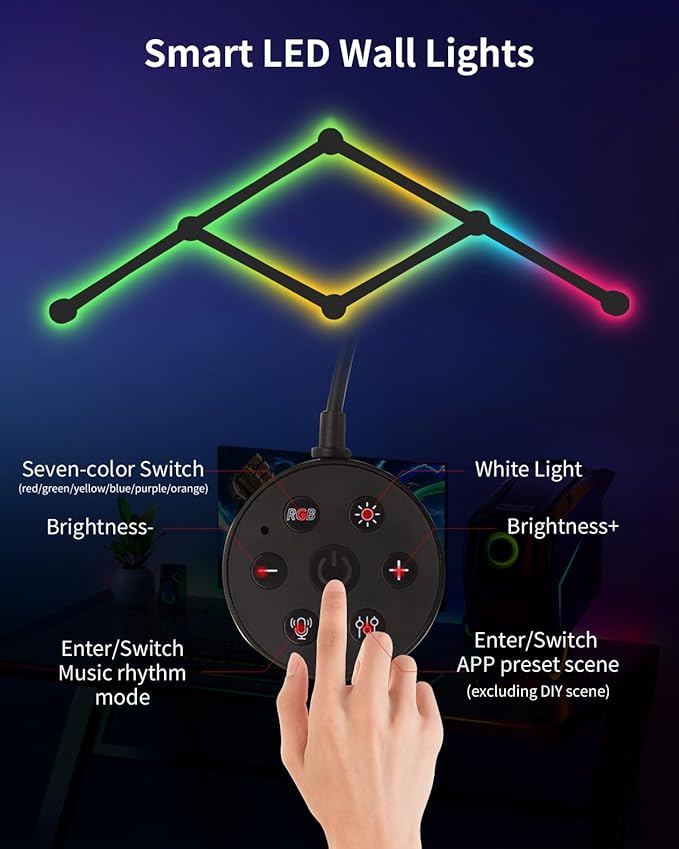 Smart LED Wall Lights, Music Sync Voice Control DIY RGB Light Bar with 16M+ Color & 44+ Scenes, Dimmable Home Decor Wi-Fi Wall Light for Gaming Room TV Bedroom (6 Lines)