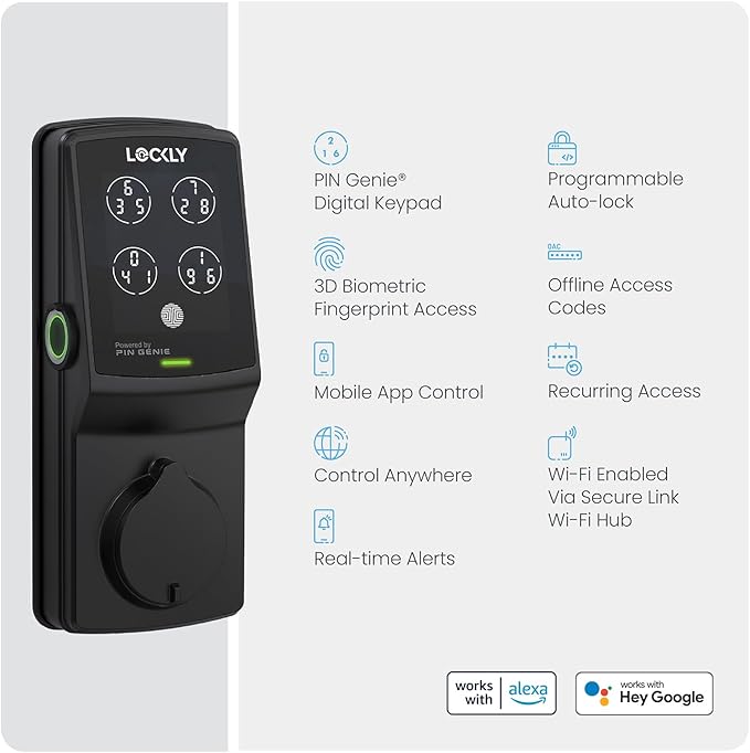 Lockly Secure Pro Wi-Fi Smart Door Lock, Keyless Entry with PIN Genie® Digital Keypad, 3D Biometric Fingerprint Sensor Front Door Lock Deadbolt, Voice Control & Auto Lock - Left Fingerprint Edition