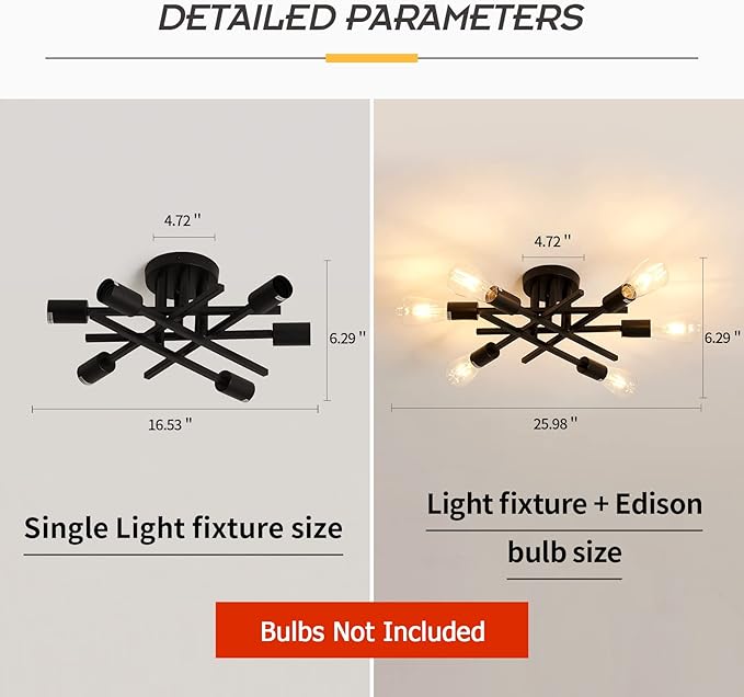 ASGYISA Semi Flush Mount Modern Ceiling Light Fixture， 6 Lights Black Vintage Matte Sputnik Chandelier Ceiling Lamp with E26 Bulb Base for Farmhouse Dining Room Living Room Bedroom Study Kitchen