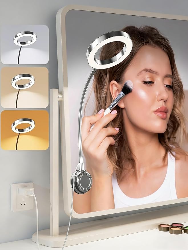 Suction Cup LED Vantiy Lights for Mirror, Flexible Gooseneck Stick on Selfie Ring Light for Makeup Vanity Table & Bathroom Mirror, 3 Color Modes & 10 Brightness, Plug in, Silver