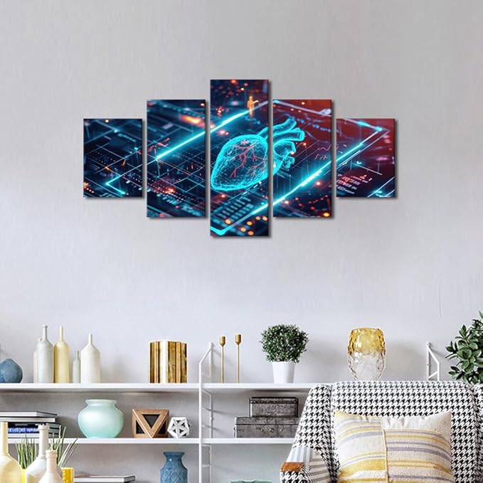 TUMOVO 5 Panel Modern Technology Canvas Wall Art Large Digital Wall Decor for Living Room Home Decor Decorations Computer Screen Picture Wall Decor for Bedroom Poster and Prints 60" Wx32 H