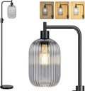 【Upgraded】 Dimmable Glass Floor Lamp for Living Room, Modern Black Standing Lamp with Green Ribbed Gray Lampshade & Knob Dimmer, Arc Tall Lamp for Bedroom Office Reading Room, 2700K Led Bulb Included