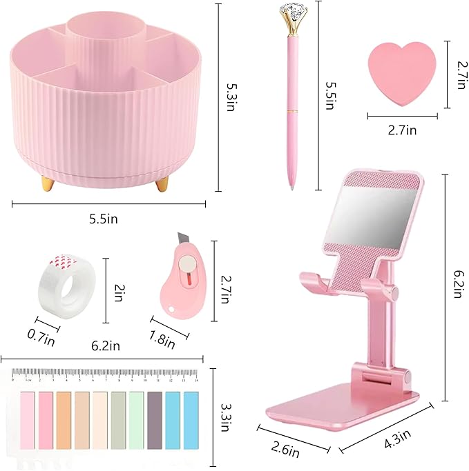Office Supplies,Desk Accessories,with Stapler,Tape Dispenser,Staple Remover,Scissor,Ballpoint Pen,Sticky Notes,Clear Tape,Staples,Desk Organizer,Phone Stand,Binder,Index Tabs,Best gift set(Pink)