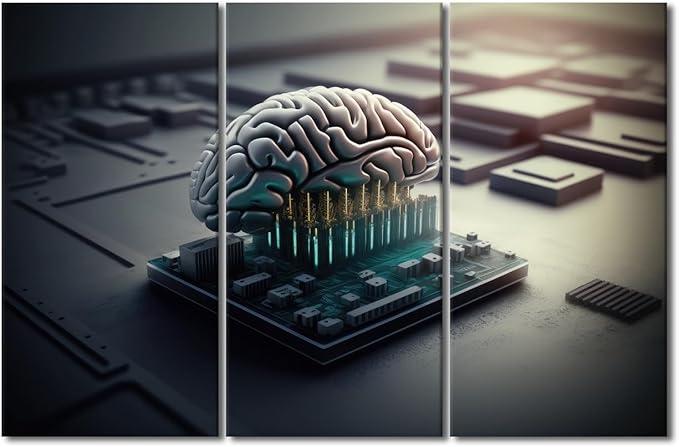 3 Pieces AI Canvas Wall Art Human Cyborg Brain bBeing Used with Computer Chip Pictures Print On Canvas for Living Room Bedroom Wall Decoration, Stretched Framed, 42" Wx28 H