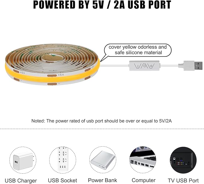 5V USB COB Led Strip Light with RF Remote, 4.92ft 3000K CRI93+ Dimmable USB Powered COB Led Light Strip, Indoor COB Led Light for Cabinet, TV, Camping, Monitor, Showcase, Motorhome