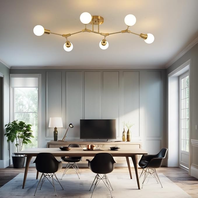 Modern Mid Century 6 Light Semi Flush Mount Ceiling Lighting Fixture for Living Room Bedroom Dining Room Hallway Kitchen Office,Long Large Gold Sputnik Chandelier