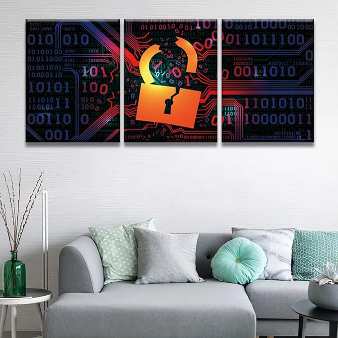 Framed Wall Art 3 Panels Hacking Firewall Hacked with Binary Code Pictures Print On Canvas for Living Room Bedroom Wall Decoration, Stretched Framed Ready to Hang, 12x16inchx3