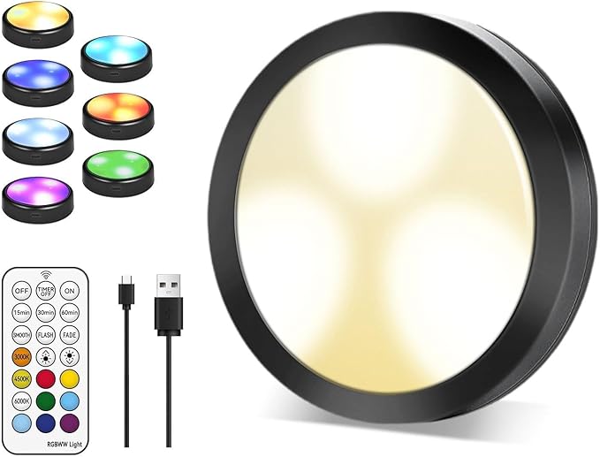 Puck Lights with Remote, 1800mAh Rechargeable Under Cabinet Lighting, 3 Color Temps & 7 RGB Colors, Long-Lasting Dimmable Stick-On Lights for Cabinet, Kitchen, Shelf, Party 1-Pack