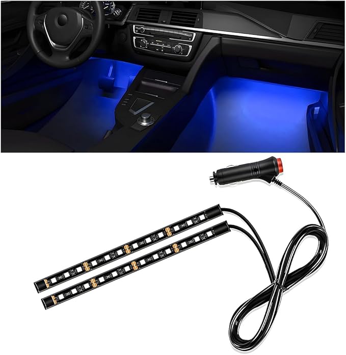 Car Interior LED Strip Light, 12V 24 LED Neon Ambient Night Light with Cigarette Lighter Plug, Automotive Atmosphere Decorative Under Dash Lighting Kit, Car Accessories (Blue)
