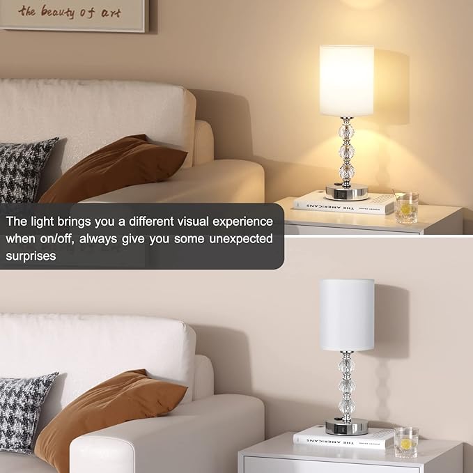 Touch Bedside Crystal Lamps for Bedrooms Nightstand with USB C+A Charging Port and AC Outlet White, 3 Way Dimmable Silver Small End Side Table Lamp for Living/Guest/Dinning Room/Kitchen
