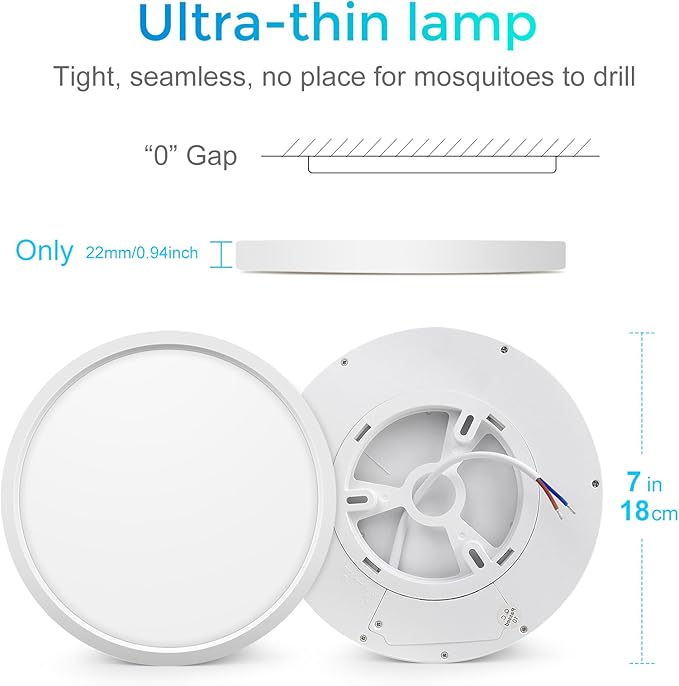 LightingWill 7 Inch LED Flush Mount Ceiling Light Fixture, 2800K Warm White, 1500LM, 12W, Flat Modern Round Lighting Fixture, 120W Equivalent White Ceiling Lamp for Kitchens, Bedrooms.etc.