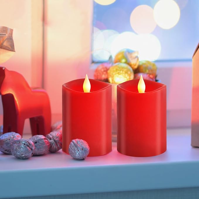 3″x4″ Flickering Flameless Candles Set of 2, 2AA Battery Life 600 Hours Battery Candles Flickering with Timer,4 inch Flameless Candles with Remote for Indoor/Outdoor, Red
