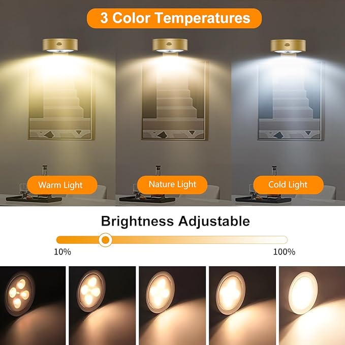 6-Pack Battery Operated Picture Light Magnetic Painting Light with 3 Lighting Modes,Remote and Dimmable Timer Art Display Light for Picture Artworking Frame Portrait,Wireless Wall Decor Puck Lights