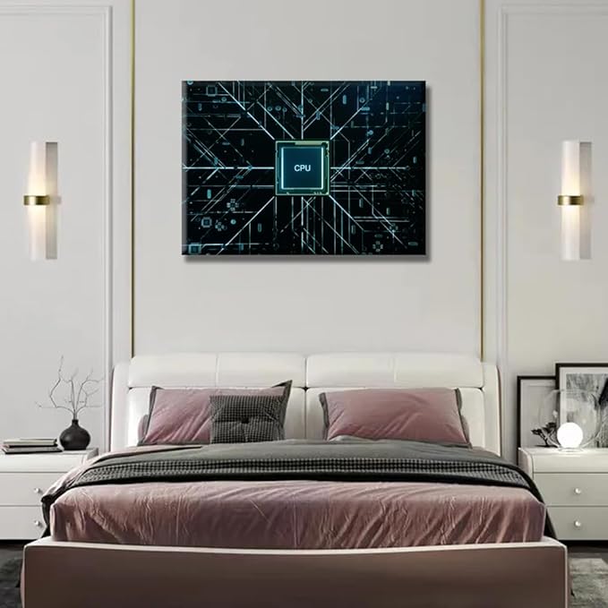 LSIUHWUWI 1 Panel CPU and Circuit Board Canvas Walll Art Modern Artwork Wall Decor CPU Concept Pictures Bathroom Decor Wall Art Circuit Board Print on Canvas Framed Ready to Hang 20X28 INCH