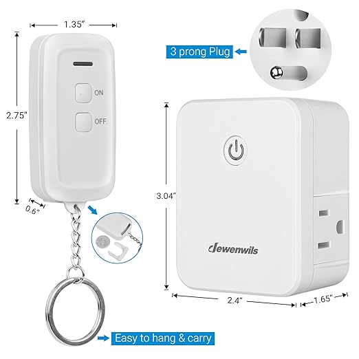 DEWENWILS 2 Side Outlets Remote Control Outlet with 2 Remotes, No Interference Wireless Remote Outlet Light Switch with 2 Outlets, 15A/1875W, 100ft RF Range, Programmable