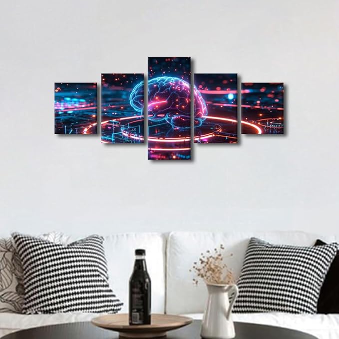 TUMOVO 5 Panel Human Brain Wall Art for Living Room Neural Networks Wall Decor Computer Technology Canvas Painting for Home Futuristic Technology Poster Decorations for Office 50" Wx24 H