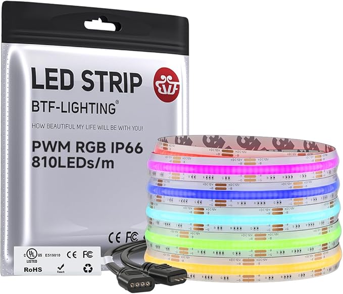 BTF-LIGHTING FCOB COB RGB LED Strip Light, UL Listed, IP66 810LEDs/m High Density Flexible Color Changing Light, DC12V 16.4FT 10mm Width for Bedroom Cabinet Home Indoor Decor(No Adapter or Controller)