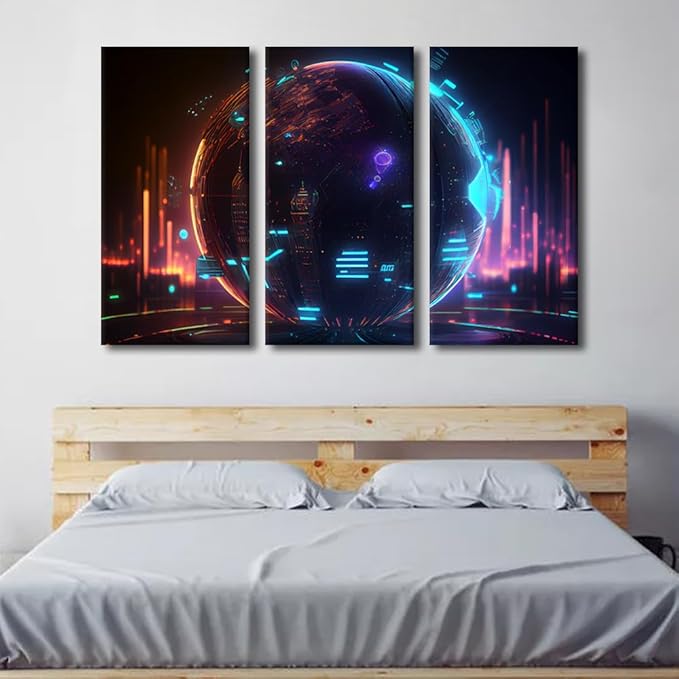 TUMOVO 3 Piece Future Energy Power Technology and Internet Connection Concept Pictures Print On Canvas Wall Art for Bedroom Living Room Decoration, Wooden Framed Ready to Hang, 60" Wx40 H