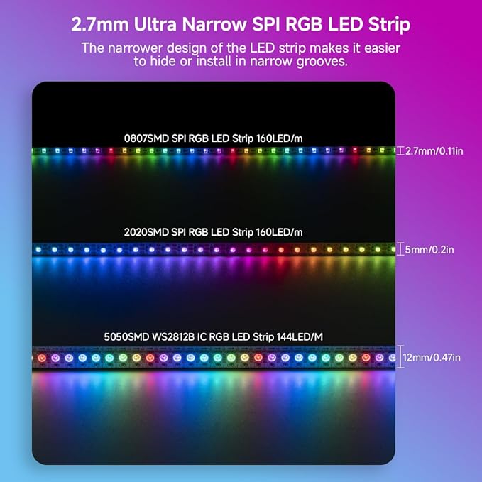 BTF-LIGHTING WS2812B IC RGB 2.7mm Ultra Narrow LED Strip 0807SMD DC5V Individually Addressable 13.1FT 160Pixels/m 640LED Dream Color Tape Light for Home DIY Decoration IP30 (No Adapter or Controller)