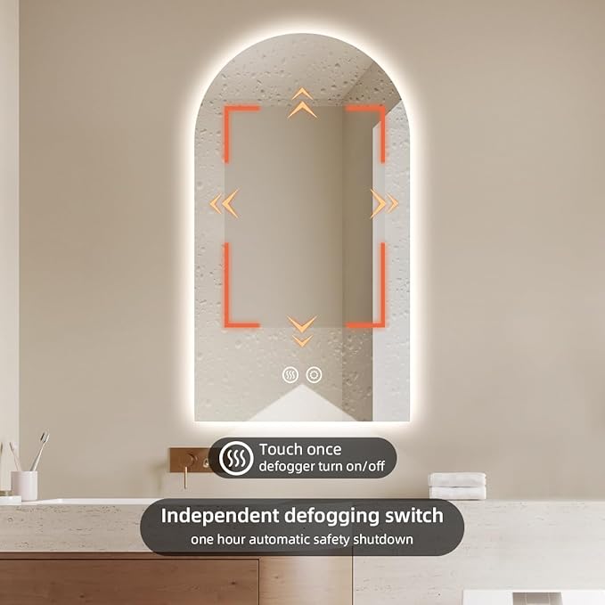 32" x 20" Arched LED Bathroom Mirror, Frameless, Backlit Vanity Mirror with Lights, Wall Mounted Lighted Mirror, Dimmable 3-Color Shatter-Proof Arch Smart Mirror, UL-Listed, CRI≥93