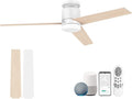 52 Inch Smart Flush Mount Ceiling Fans with Lights Remote,Quiet DC Motor,Outdoor Indoor Low Profile Ceiling Fan,Voice Control via WIFI Alexa App,Modern White Wood Ceiling fan for Bedroom Patio