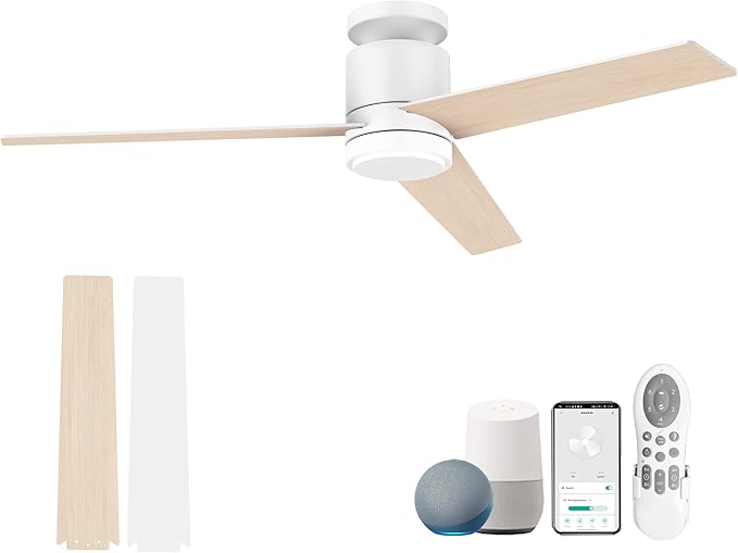 52 Inch Smart Flush Mount Ceiling Fans with Lights Remote,Quiet DC Motor,Outdoor Indoor Low Profile Ceiling Fan,Voice Control via WIFI Alexa App,Modern White Wood Ceiling fan for Bedroom Patio
