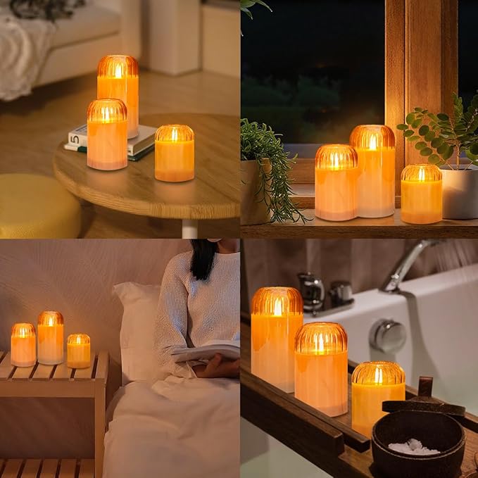 3Pcs LED Candle Set Rechargeable with Remote Control,Gold Glass Flameless Candles,Candle Lights for Home Decor, Bedroom, Bathroom Accessories，Pumpkin Fake Candles for Halloween