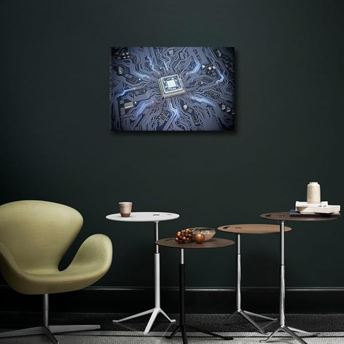 TUMOVO Circuit Board Canvas Wall Art for Living Room CPU Concept Modern Abstract Painting Internet Concept Picture for Bedroom Office Home Wall Decorations Frame Wall Decor, 18x12in