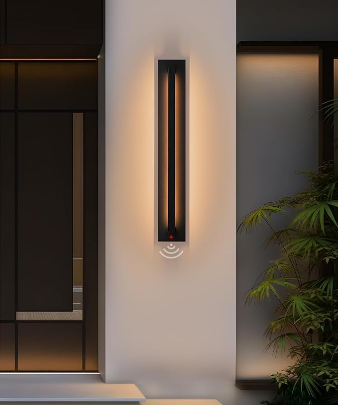 31.5 inch Motion Sensor Long Outdoor Wall Sconce, Black Linear Led Exterior Wall Lights, Front Porch Light Fixture Wall Mount for House, Yard