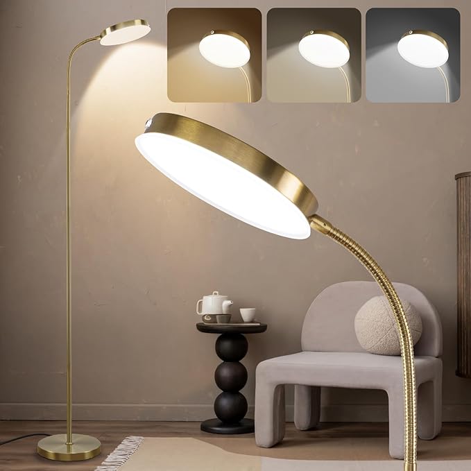 Floor Lamp, Led Floor Lamps for Living Room, Stepless Adjust Color Temperatures & Brightness Standing Lamp with Touch Control Tall Lamps Adjustable Gooseneck Reading Floor Lamp (Gold)