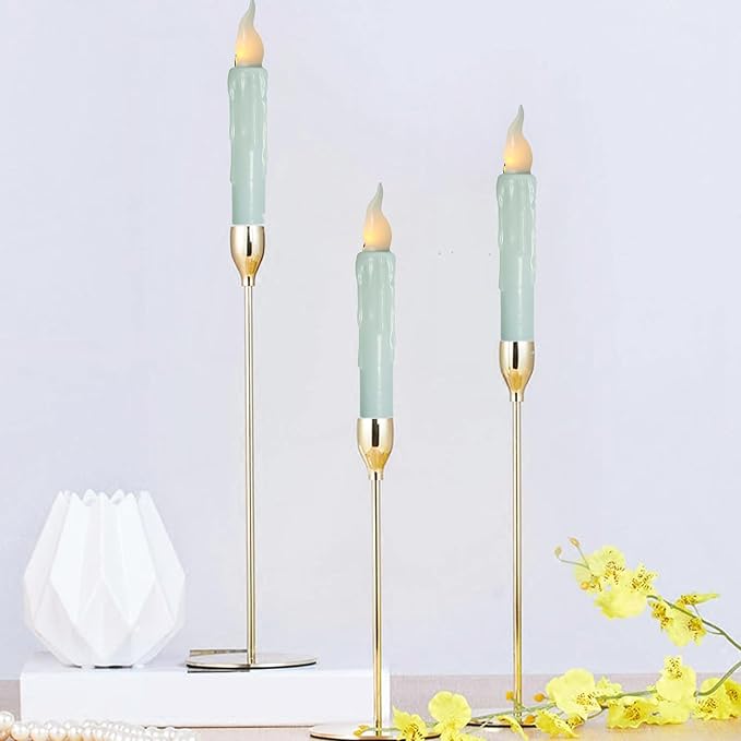 Blue Flameless Short Taper Candles, Real Wax Hand Dipped LED Battery Operated with Remote, Flickering Flame Lights for Festival Party Home Décor, 6.7 Inch Primitive Flameless Candles, 4PCS