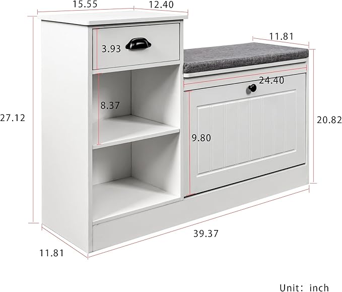 Shoe Storage Bench, Modern Wooden Shoe Cabinet with Flip Drawer and Adjustable Shelf, Entry Way Bench with Padded Seat Cushion for Entryway, Hallway, Living Room,Off-White