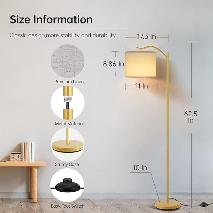 BoostArea Floor Lamp for Living Room,LED Arched Standing Lamp,Tall Modern Standing Lamp with Linen Shade,E26 Socket,Footswitch,Mid Century Gold Floor Lamps for Bedrooms,Office,Double-Layer lampshade