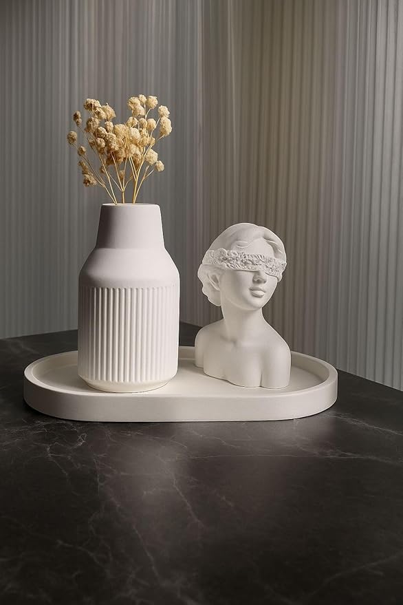 Modern White Plaster Decorative Vase Set - Abstract Minimalist Home Decor Vases with Tray for Living Room, Coffee Table