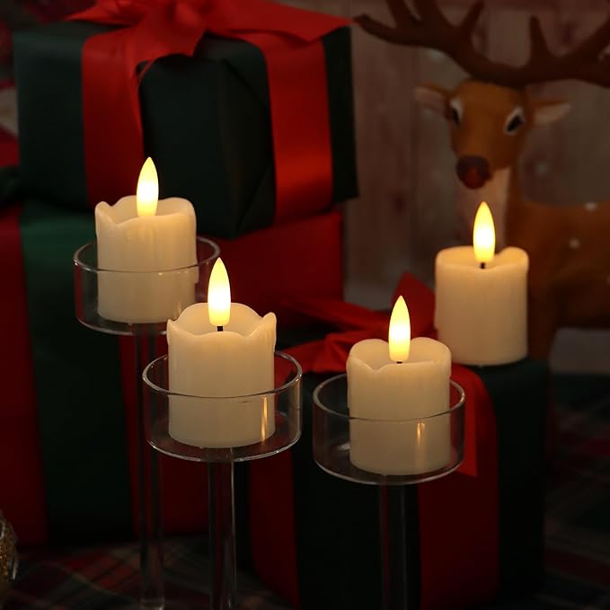 Battery Operated Plastic Flameless LED Votive Candle with Cycling Timer, 6 Pack Drip Flickering Realistic Electric Light for Indoor Bookshelf Wedding Dinner Party Centerpiece Fireplace X-mas Decor