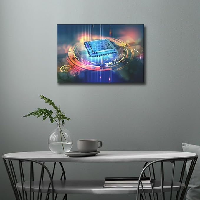 TUMOVO Wall Paintings for Living Room Futuristic CPU Modern Office Wall Art Computer Chip Large Wall Decor Virtual Space Canvas Wall Art for Bedroom Artwork Framed Ready to Hang, 24x16in