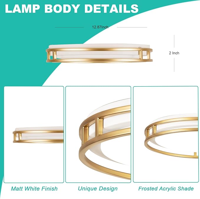 13 Inch LED Flush Mount Ceiling Light Fixture, 26W, Super Bright 1700 Lumens, 3 Color 3000K/4000K/5000K, Dimmable Ceiling Lamp for Bedroom Hallway Bathroom Kitchen Laundry (White Gold)