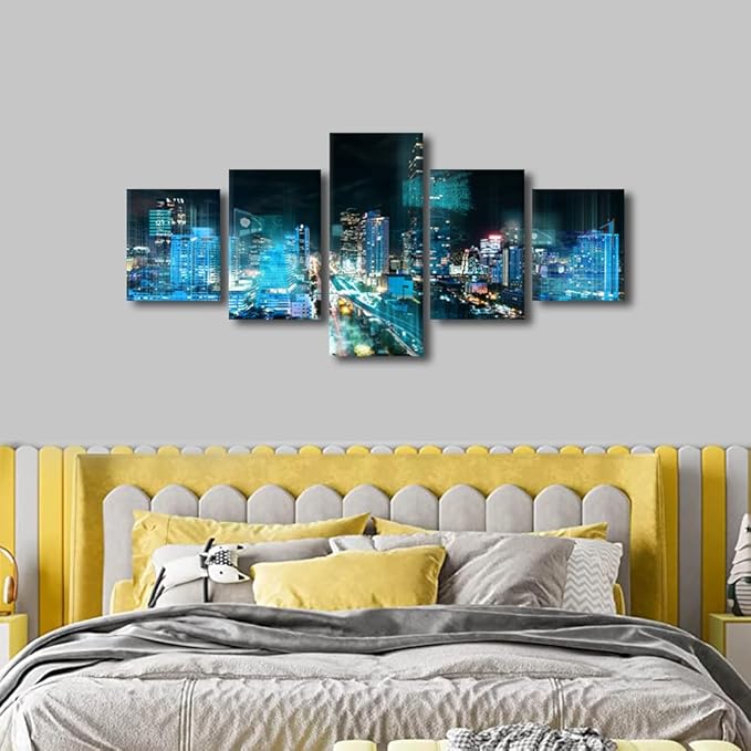 Canvas Wall Art Bangkok Night Cityscape Picture Printing Digital Transformation Poster 5 Panel Smart City Decorate Big Data Researchers Home Decoration Frame and Stretched Ready to Hang 50x24 Inch